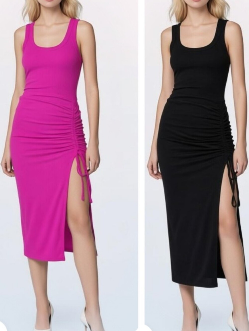 CHICME 2 Dresses - Side-Ruched Tank Midi Dress in Magenta and Black Large